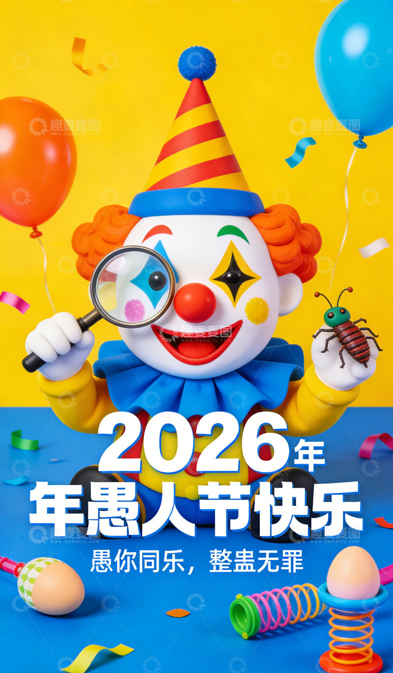 高清大图下载【趣麦麦图】-小丑庆祝愚人节海报