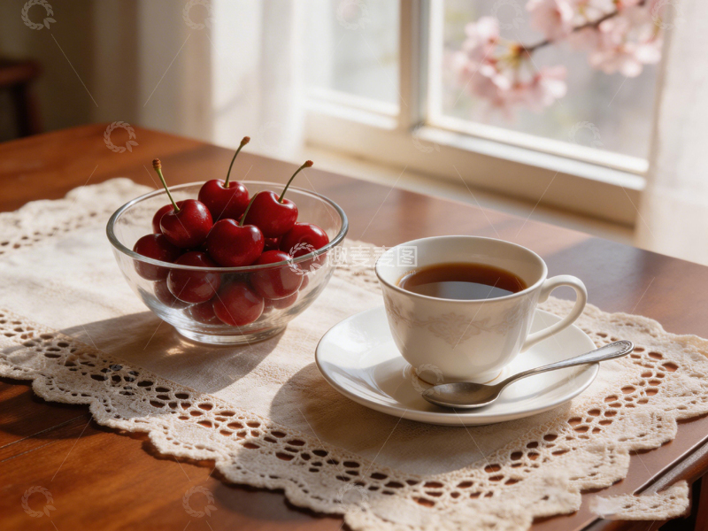 高清大图下载【趣麦麦图】下午茶时光樱桃与咖啡