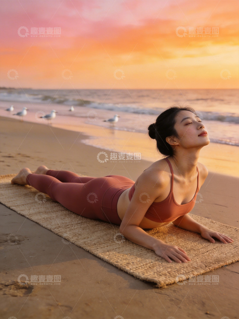 高清大图下载【趣麦麦图】海滩瑜伽日落美景