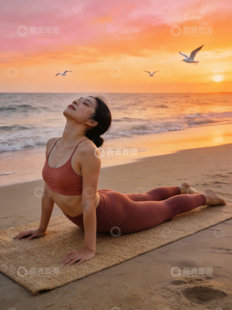 高清大图下载【趣麦麦图】海滩瑜伽美人日出美景