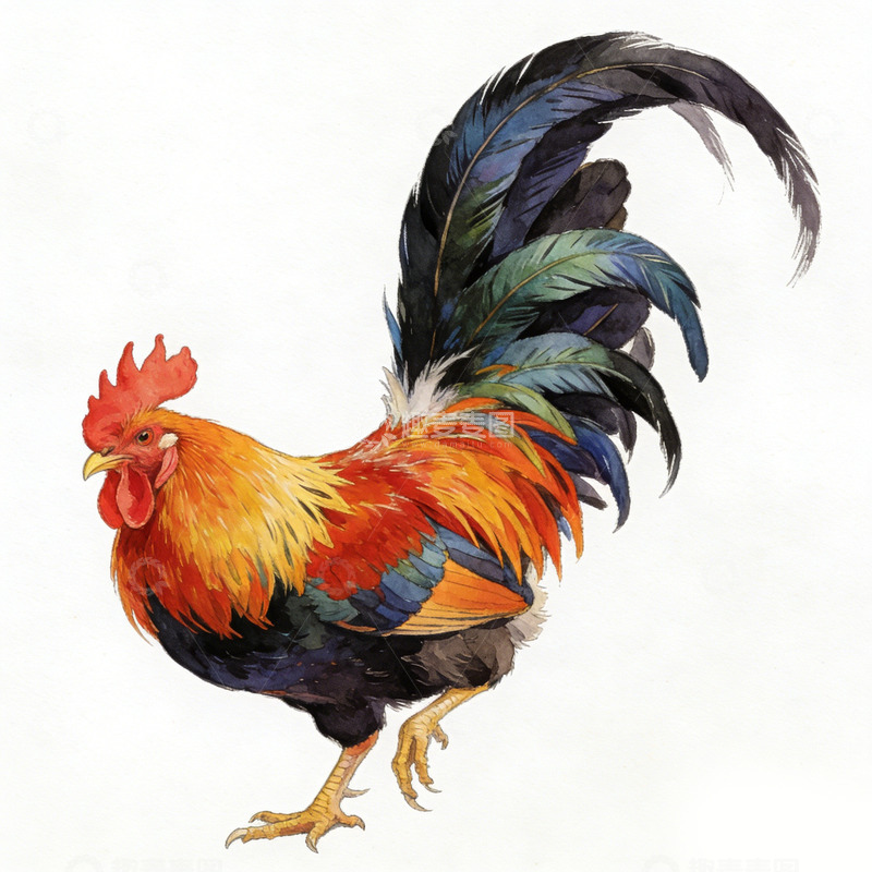高清大图下载【趣麦麦图】水彩雄鸡艺术插画