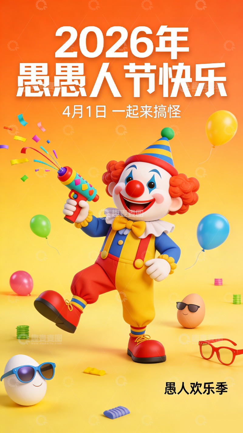 高清大图下载【趣麦麦图】卡通小丑愚人节海报