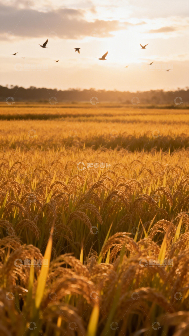 高清大图下载【趣麦麦图】金色稻田落日飞鸟风光