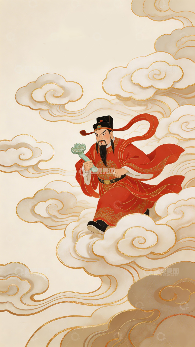 高清大图下载【趣麦麦图】传统中式美学祥云中的财神爷1
