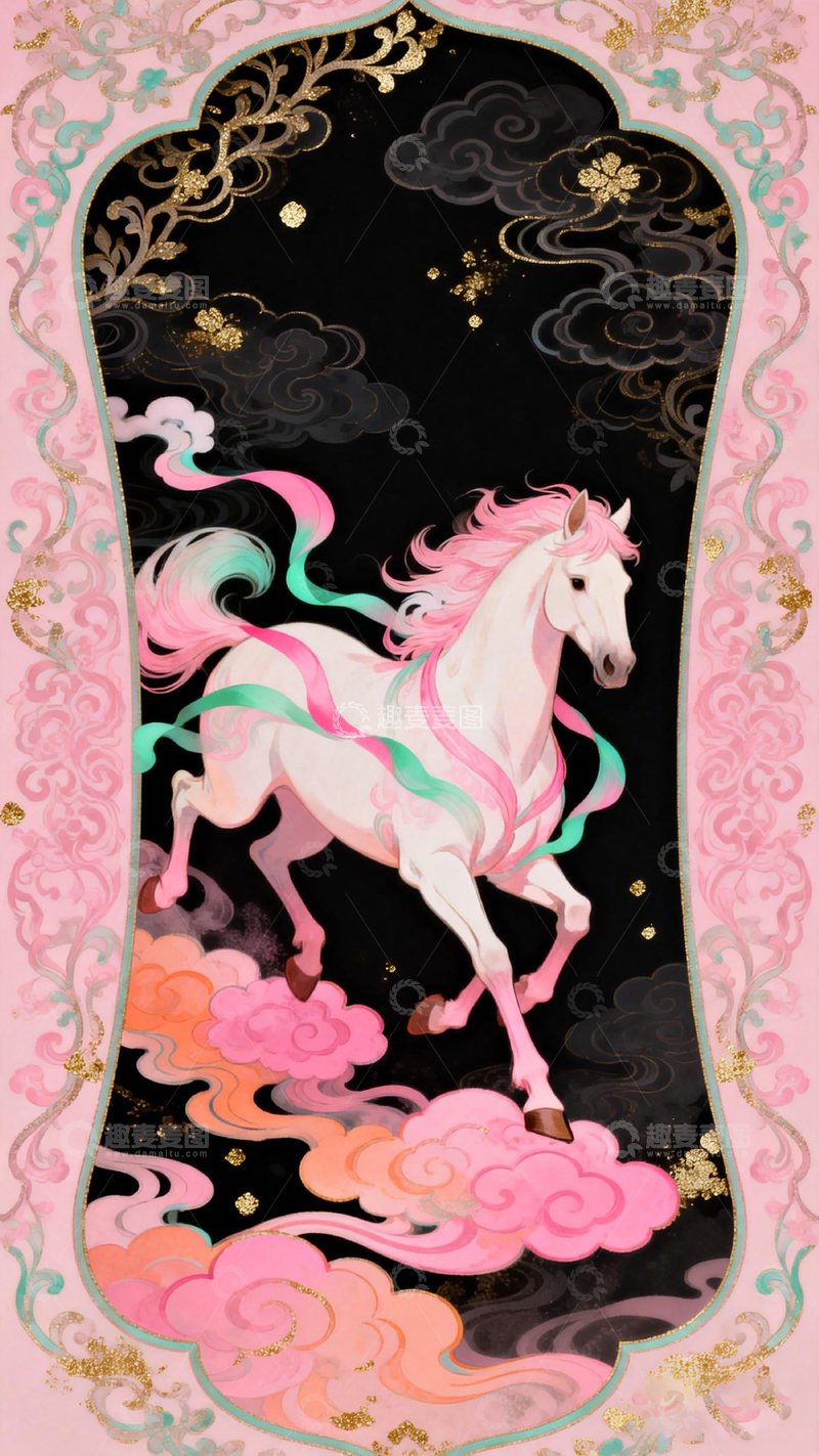 高清大图下载【趣麦麦图】梦幻白马祥云插画