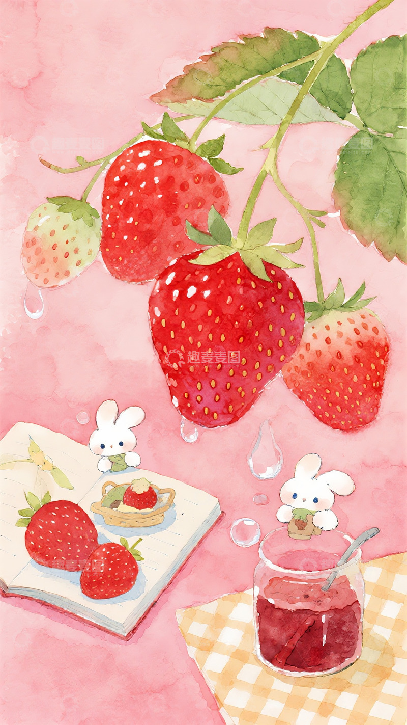 高清大图下载【趣麦麦图】绘本风格草莓野餐场景3