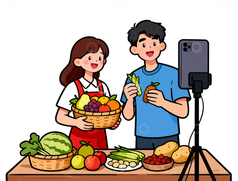 源文件下载【趣麦麦图】卡通直播卖水果插画