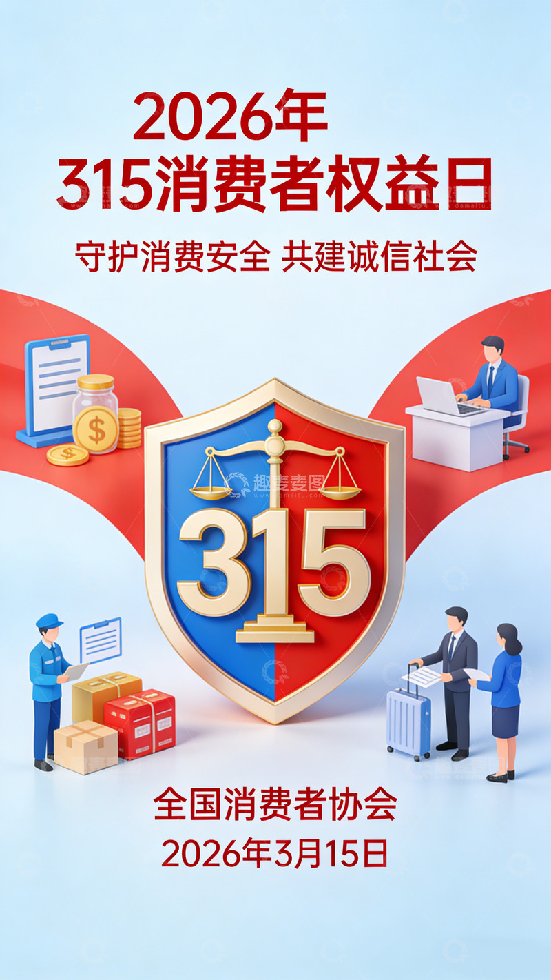 高清大图下载【趣麦麦图】315消费者权益日蓝色宣传海报设计素材