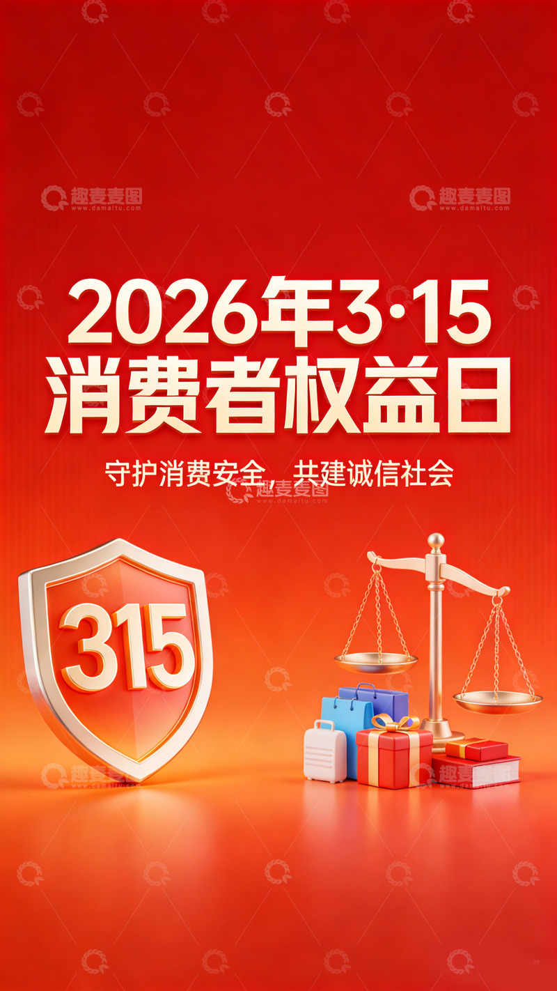 高清大图下载【趣麦麦图】红色背景消费者权益日宣传海报