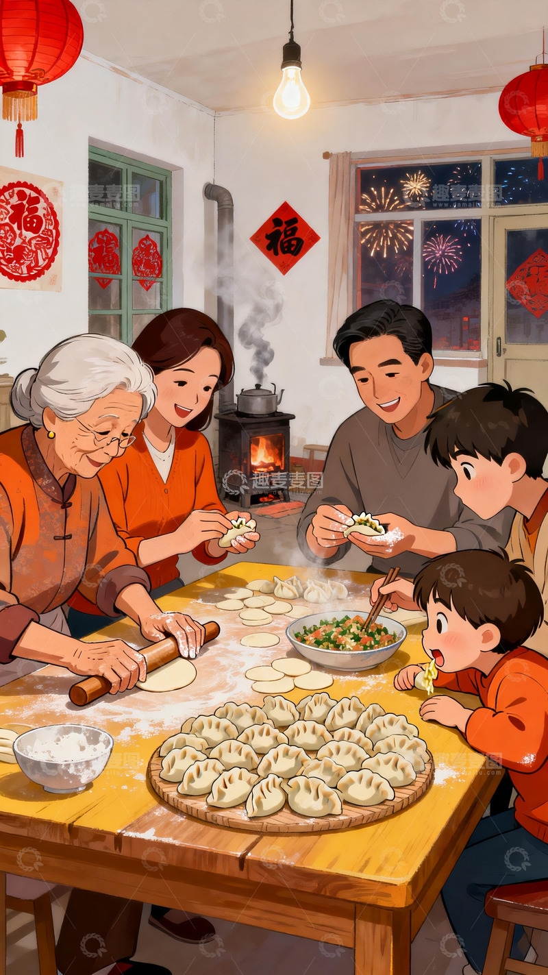 高清大图下载【趣麦麦图】怀旧插画一家人包饺子3