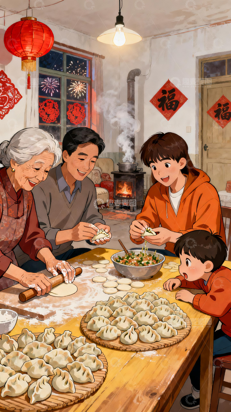高清大图下载【趣麦麦图】怀旧插画一家人包饺子4