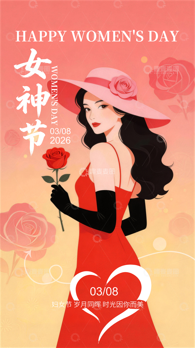 源文件下载【趣麦麦图】-女神节插画红色礼服玫瑰设计