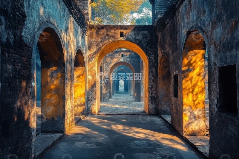 高清大图下载【趣麦麦图】阳光洒在联排石门上