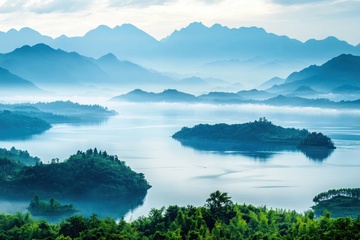 雾气蒙蒙的湖泊美景