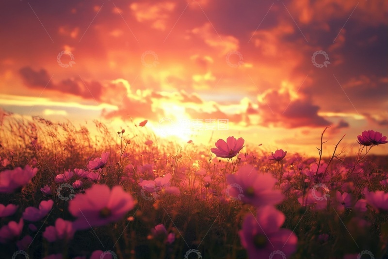 高清大图下载【趣麦麦图】落日黄昏下的一片花田