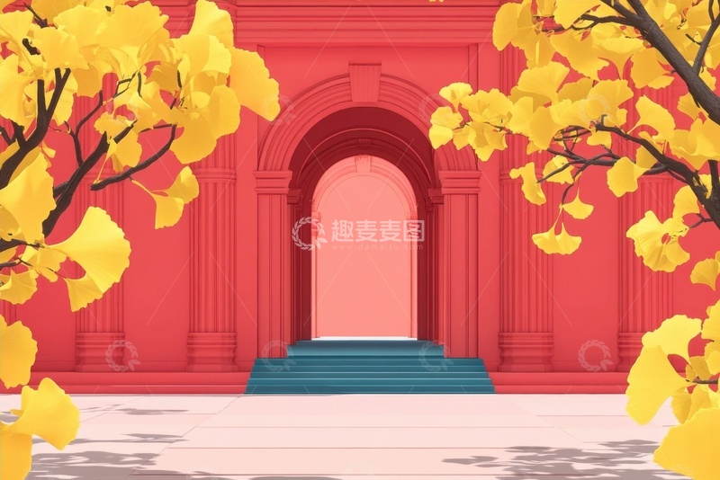 高清大图下载【趣麦麦图】银杏叶和红色的宫墙
