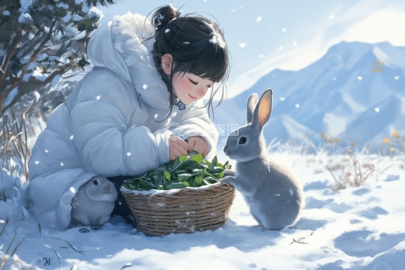 高清大图下载【趣麦麦图】雪地里喂兔子的小女孩