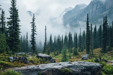大山里瘦长的松树林