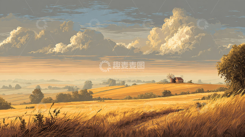 高清大图下载【趣麦麦图】金色麦田的夕阳画卷