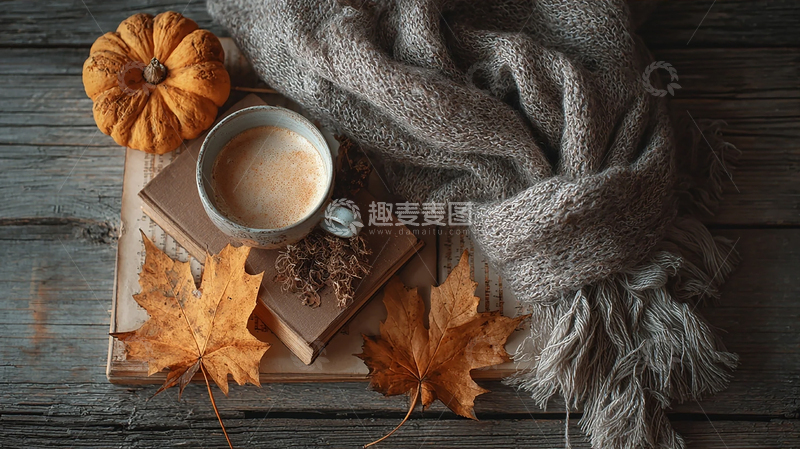 高清大图下载【趣麦麦图】落叶与咖啡的秋意交响