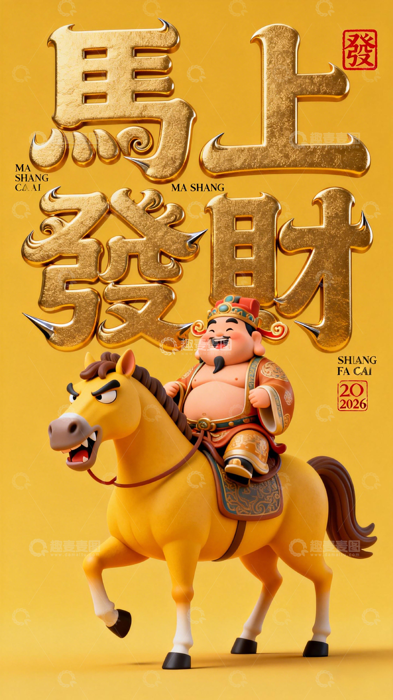 高清大图下载【趣麦麦图】金色财神骑马祝福海报