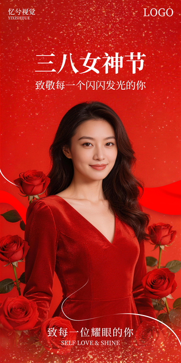 三八女神节红袍玫瑰宣传海报