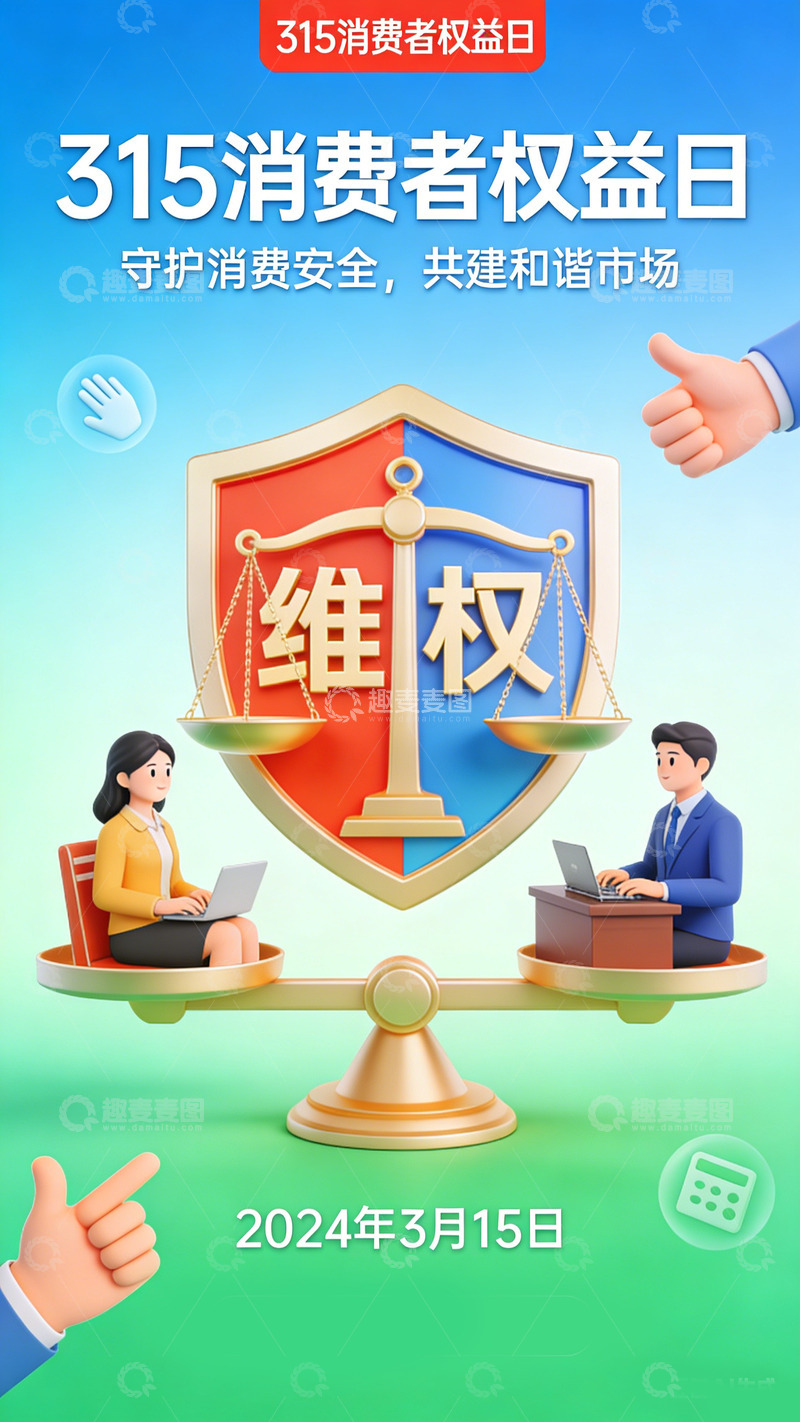 高清大图下载【趣麦麦图】315消费者权益日天蓝宣传海报