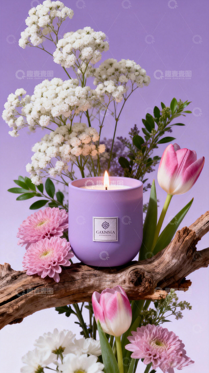 高清大图下载【趣麦麦图】紫色香薰蜡烛花卉装饰