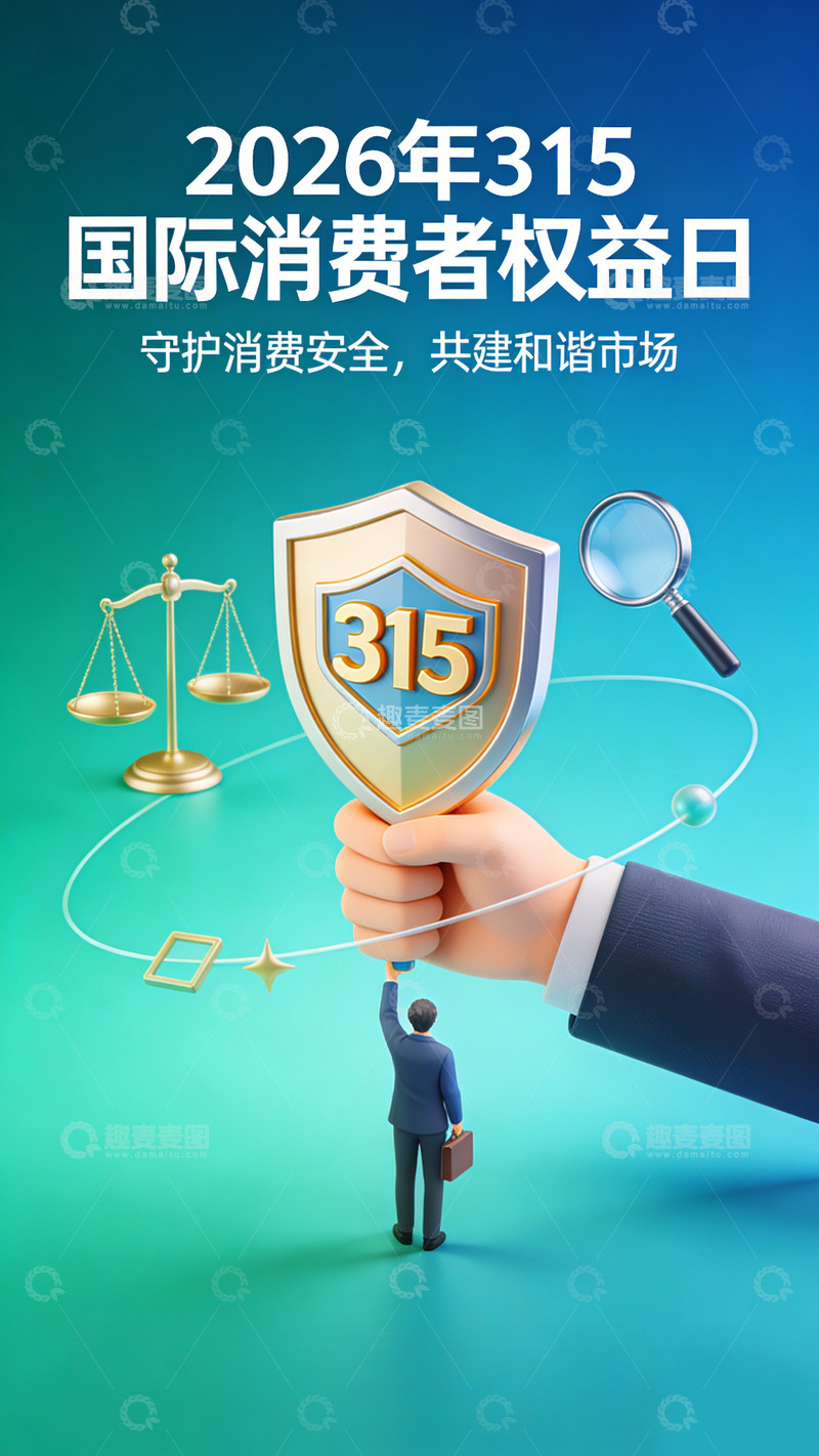 高清大图下载【趣麦麦图】315消费者权益日蓝色海报设计素材