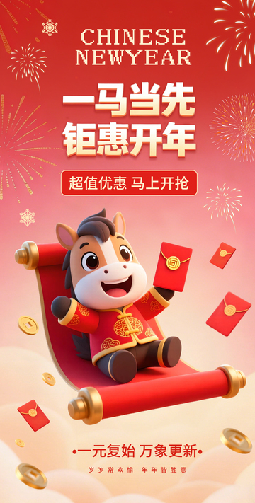 春节喜庆马年开年电商促销优惠海报
