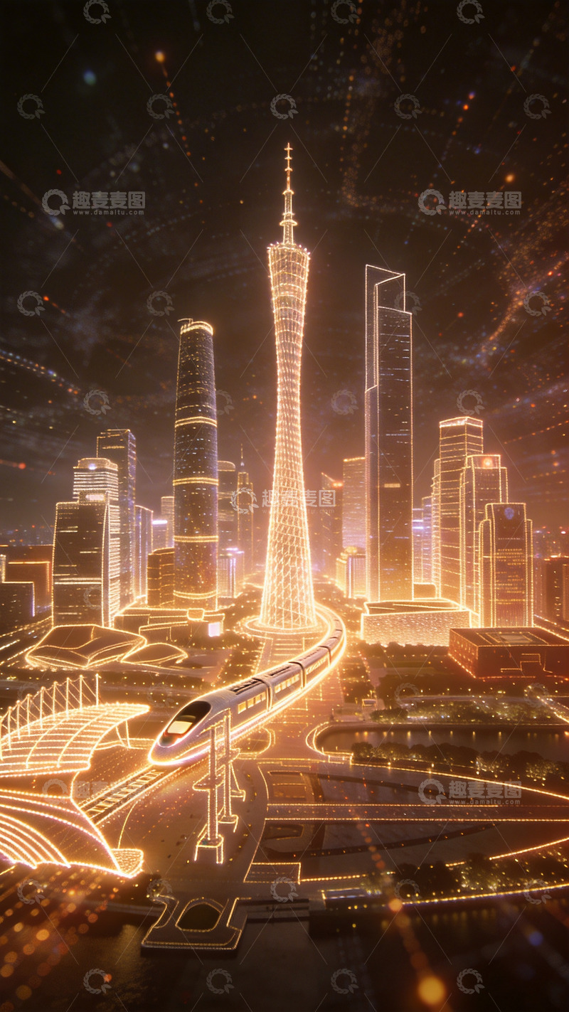 高清大图下载【趣麦麦图】发光粒子组成的广州夜景2