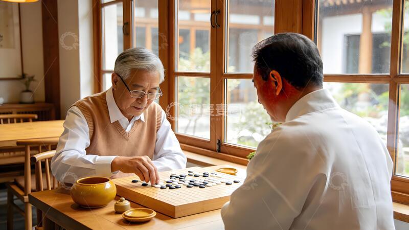 高清大图下载【趣麦麦图】古风居室老年人休闲生活对弈场景