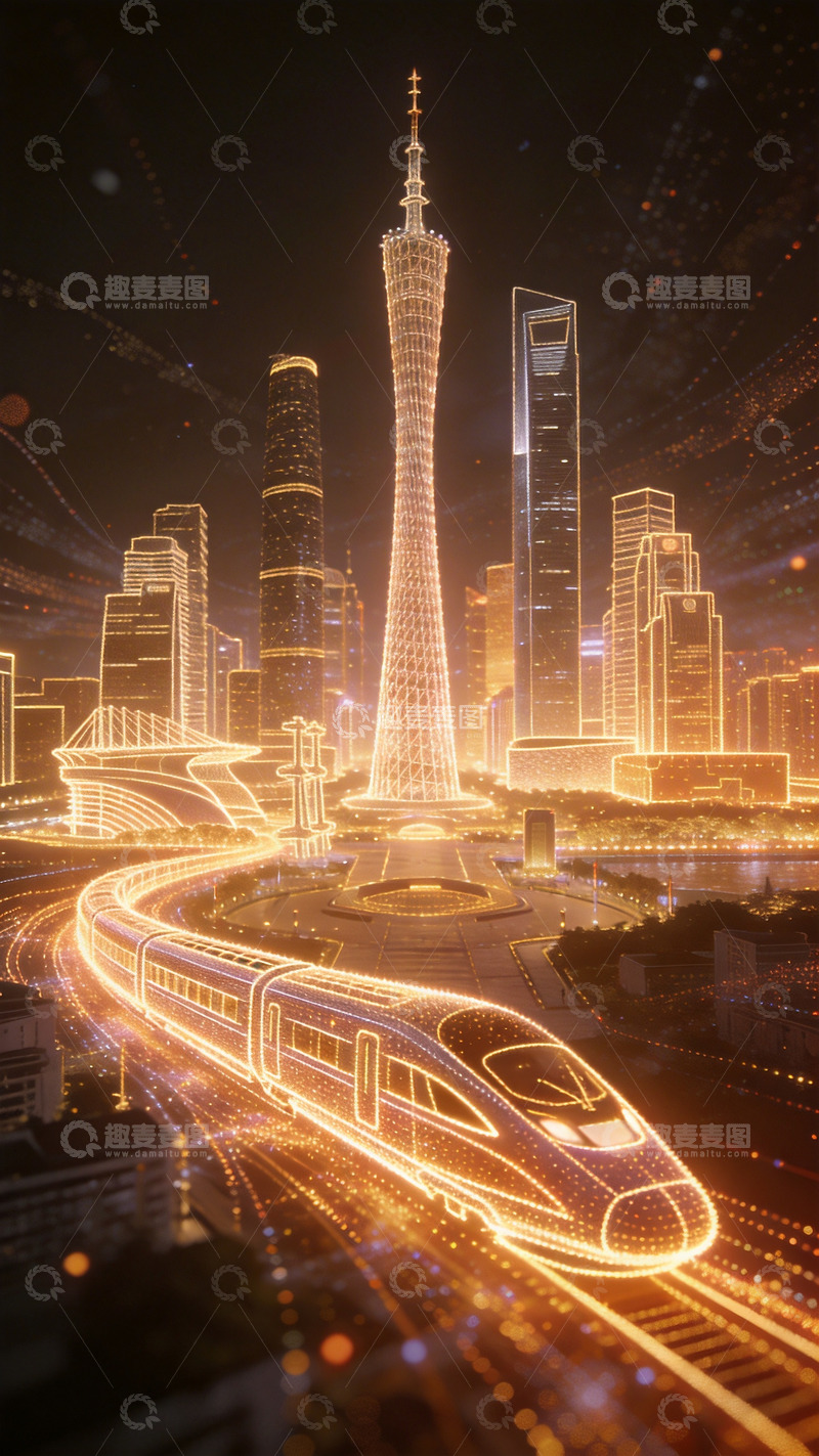 高清大图下载【趣麦麦图】发光粒子组成的广州夜景4