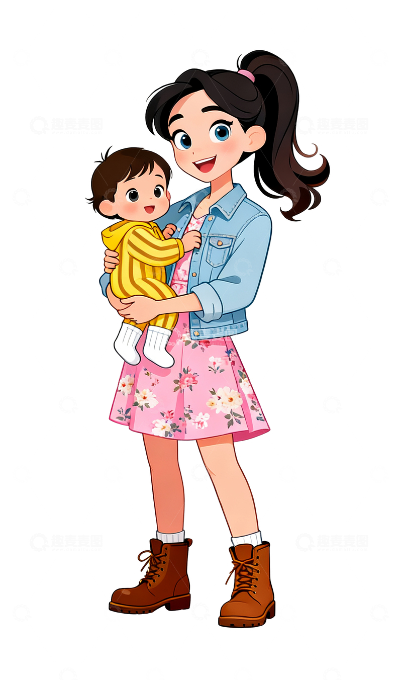 源文件下载【趣麦麦图】卡通插画带娃的妈妈2