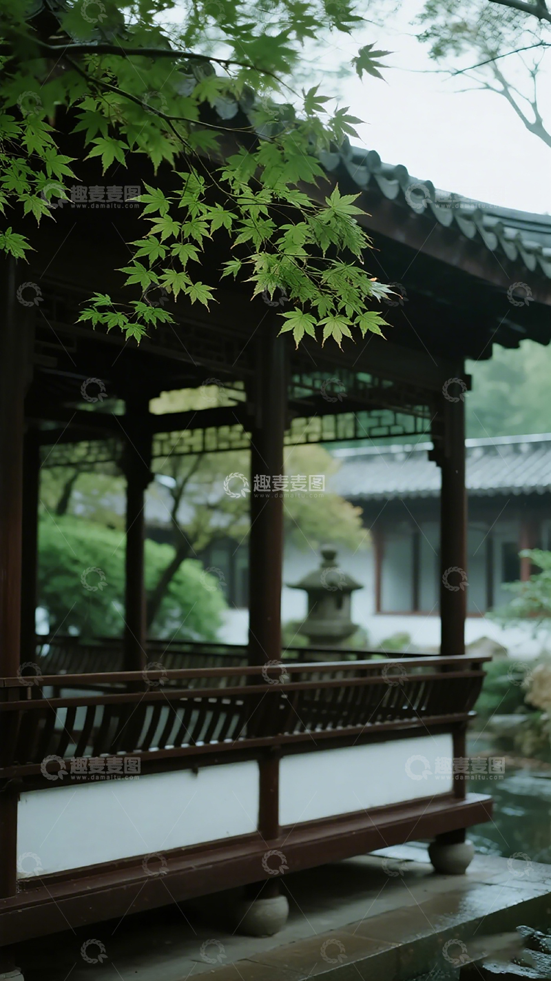 高清大图下载【趣麦麦图】园林古风长椅枫叶美景