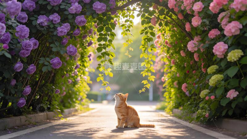 高清大图下载【趣麦麦图】花海小径橘猫风景美景插画素材