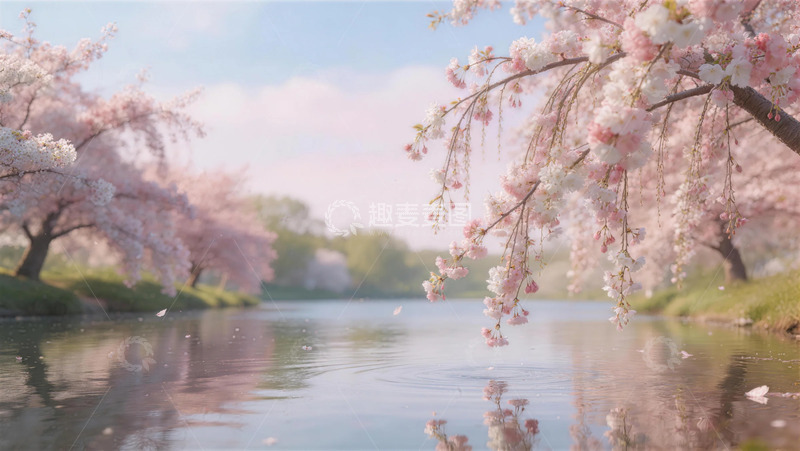 高清大图下载【趣麦麦图】樱花盛开水面风景插画