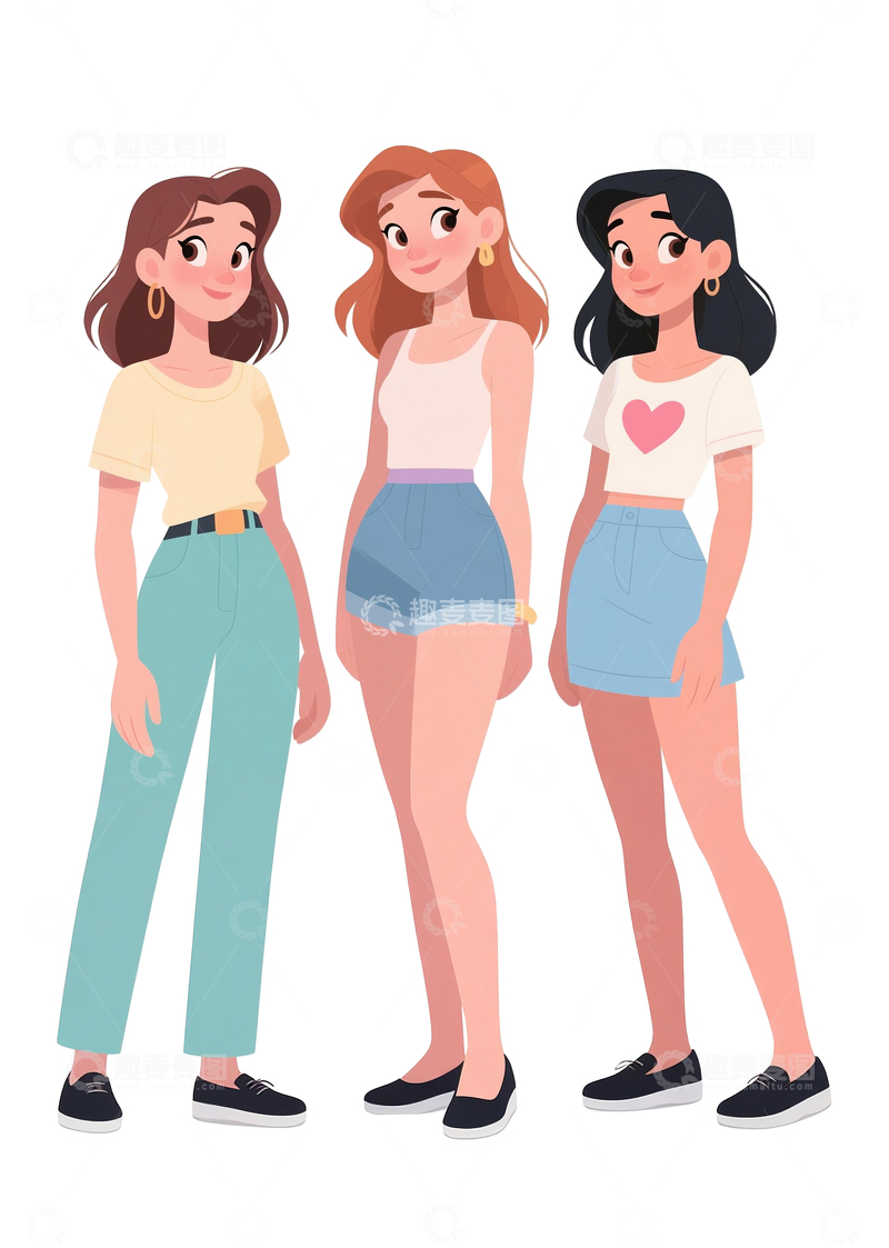 源文件下载【趣麦麦图】3个扁平风格时尚女孩3