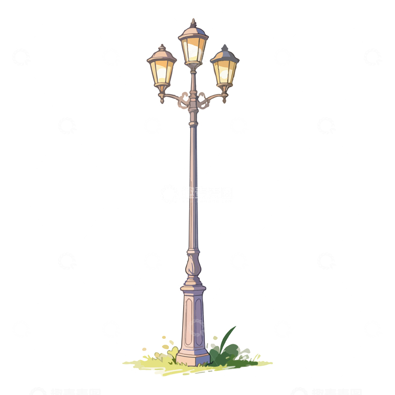 源文件下载【趣麦麦图】古典路灯手绘插画