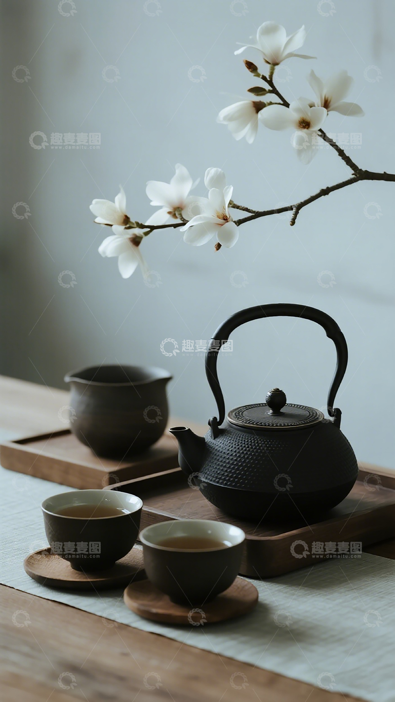 高清大图下载【趣麦麦图】简约茶席玉兰花茶具