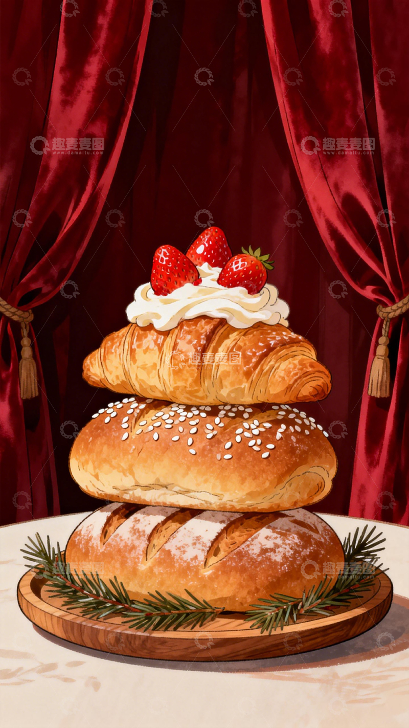 高清大图下载【趣麦麦图】美食插画风格面包糕点组合