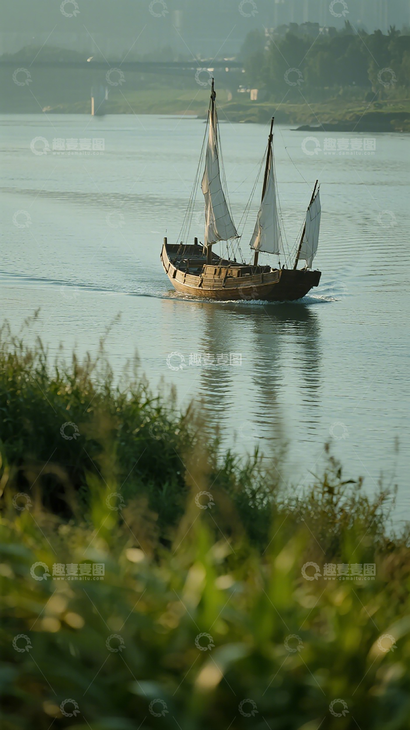 高清大图下载【趣麦麦图】古船河上风景画