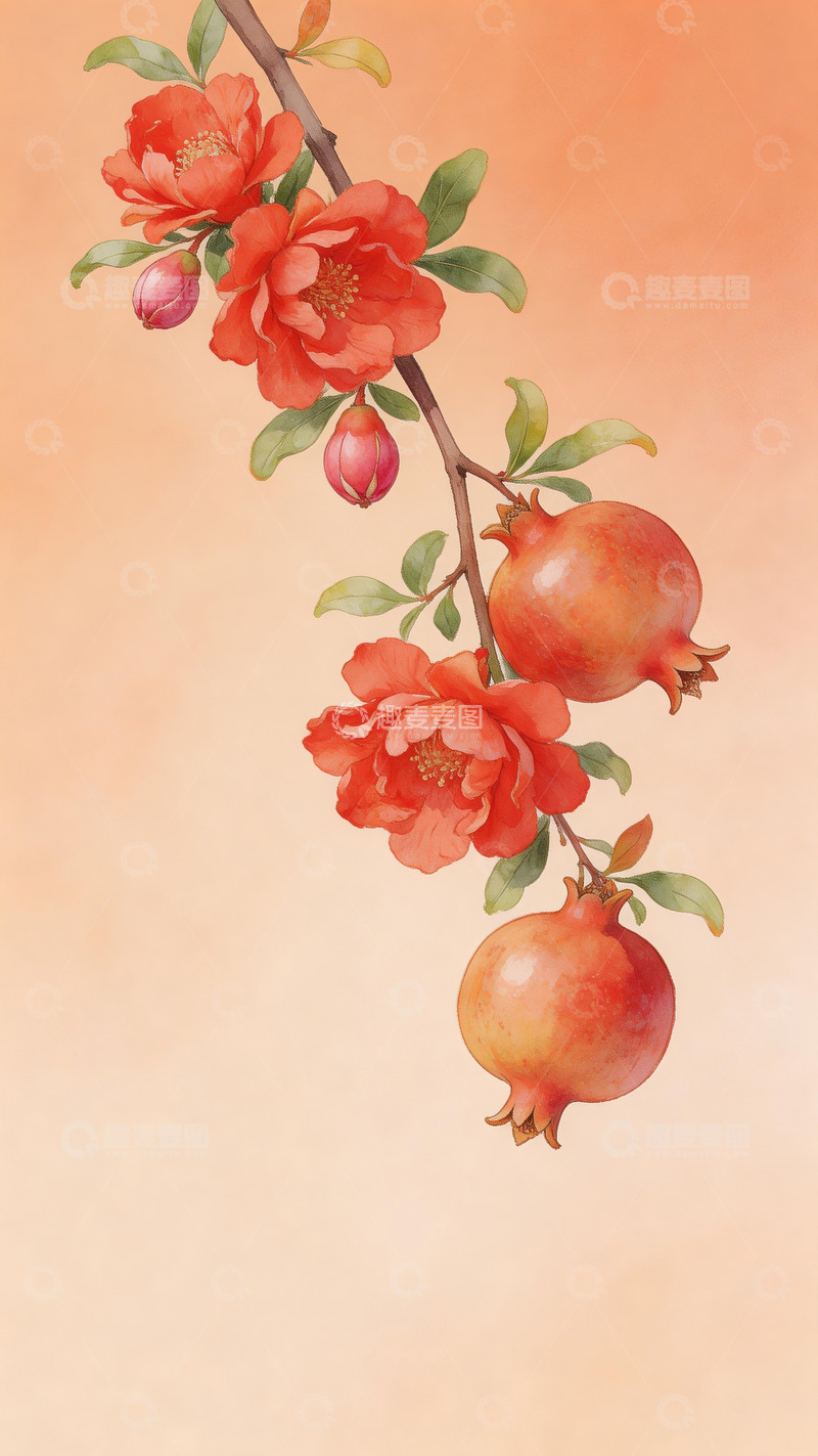 高清大图下载【趣麦麦图】石榴水彩画3
