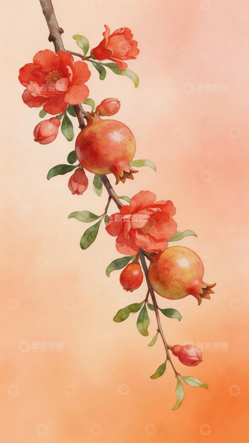 高清大图下载【趣麦麦图】石榴水彩画2
