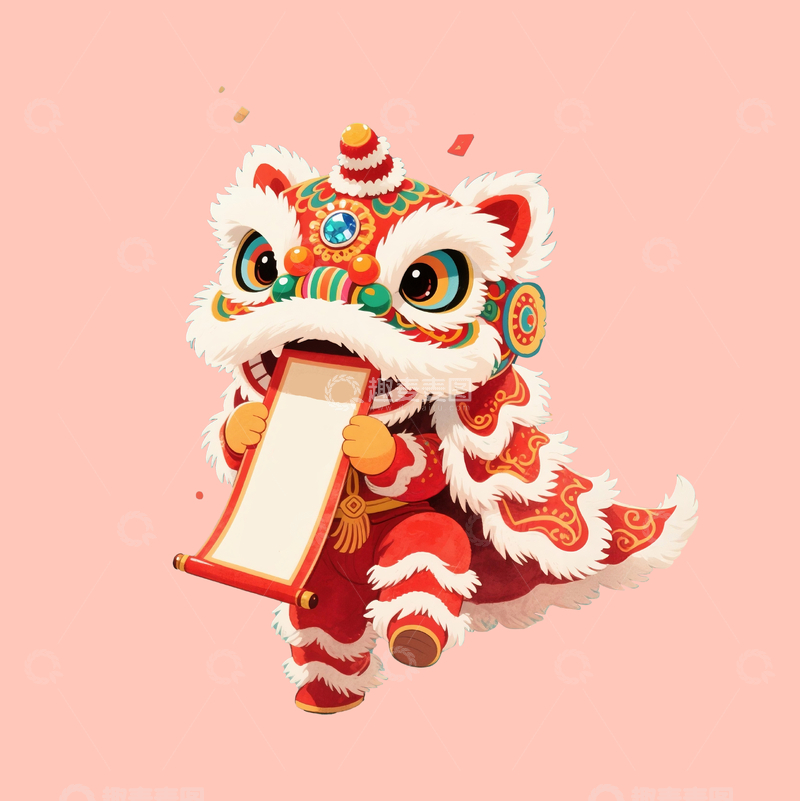 源文件下载【趣麦麦图】-国潮风格拉着长条幅的舞狮1