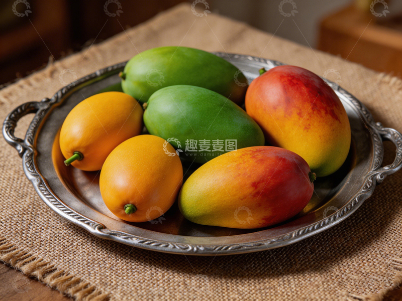 高清大图下载【趣麦麦图】金属盘装多彩芒果静物摄影