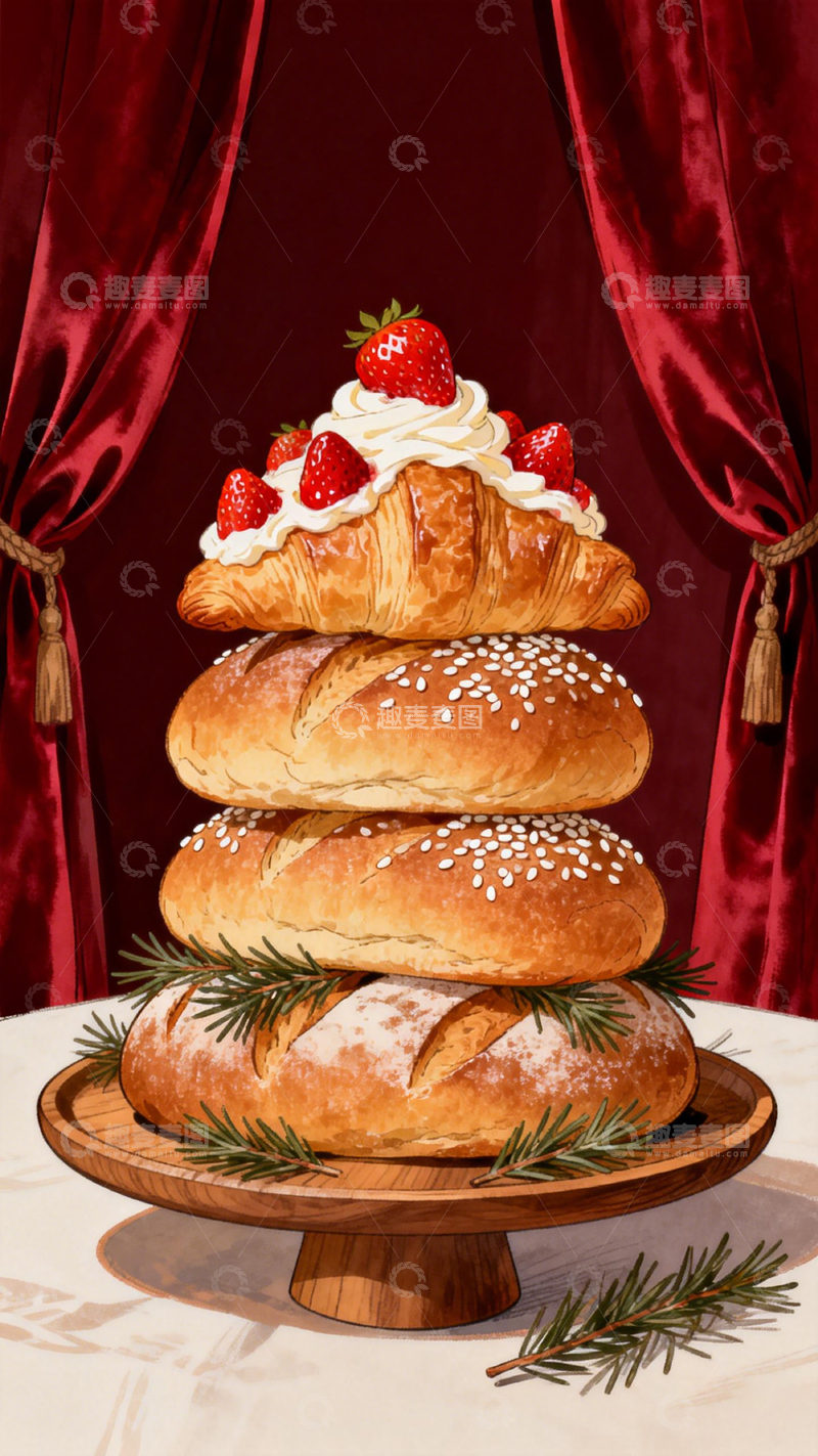 高清大图下载【趣麦麦图】水彩风面包美食堆叠插画设计素材
