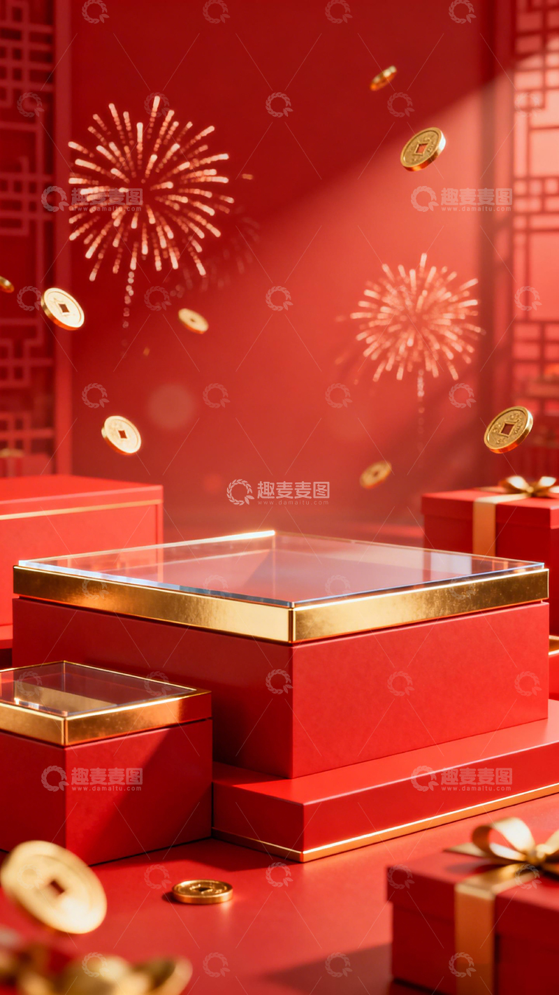 高清大图下载【趣麦麦图】新年庆典红色礼盒金币背景