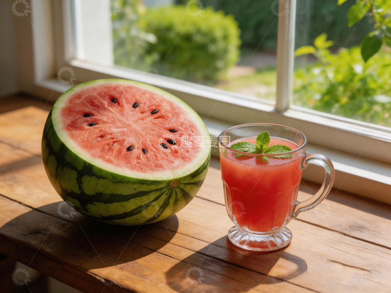 高清大图下载【趣麦麦图】夏日窗边西瓜饮品