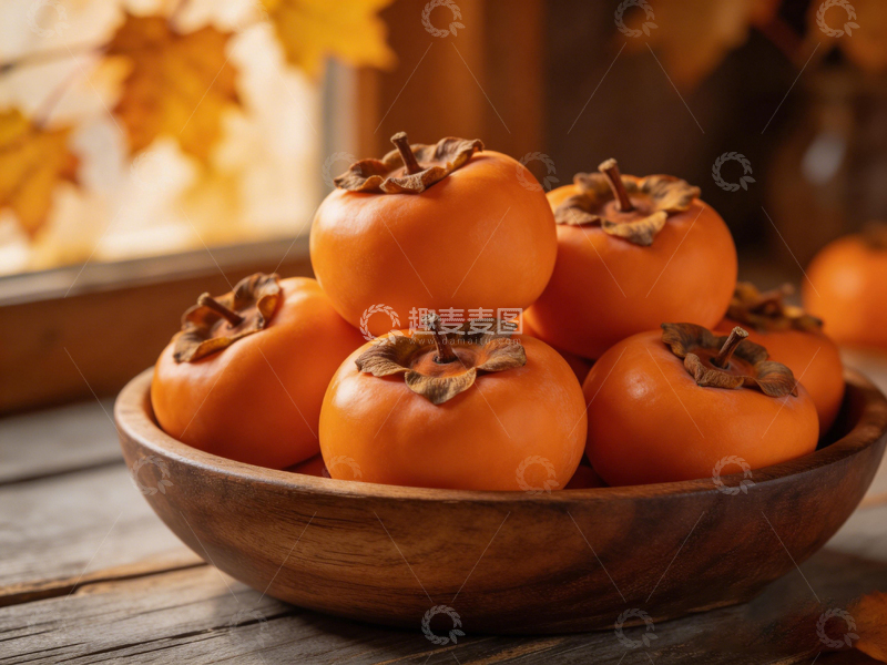 高清大图下载【趣麦麦图】秋季丰收柿子木碗静物